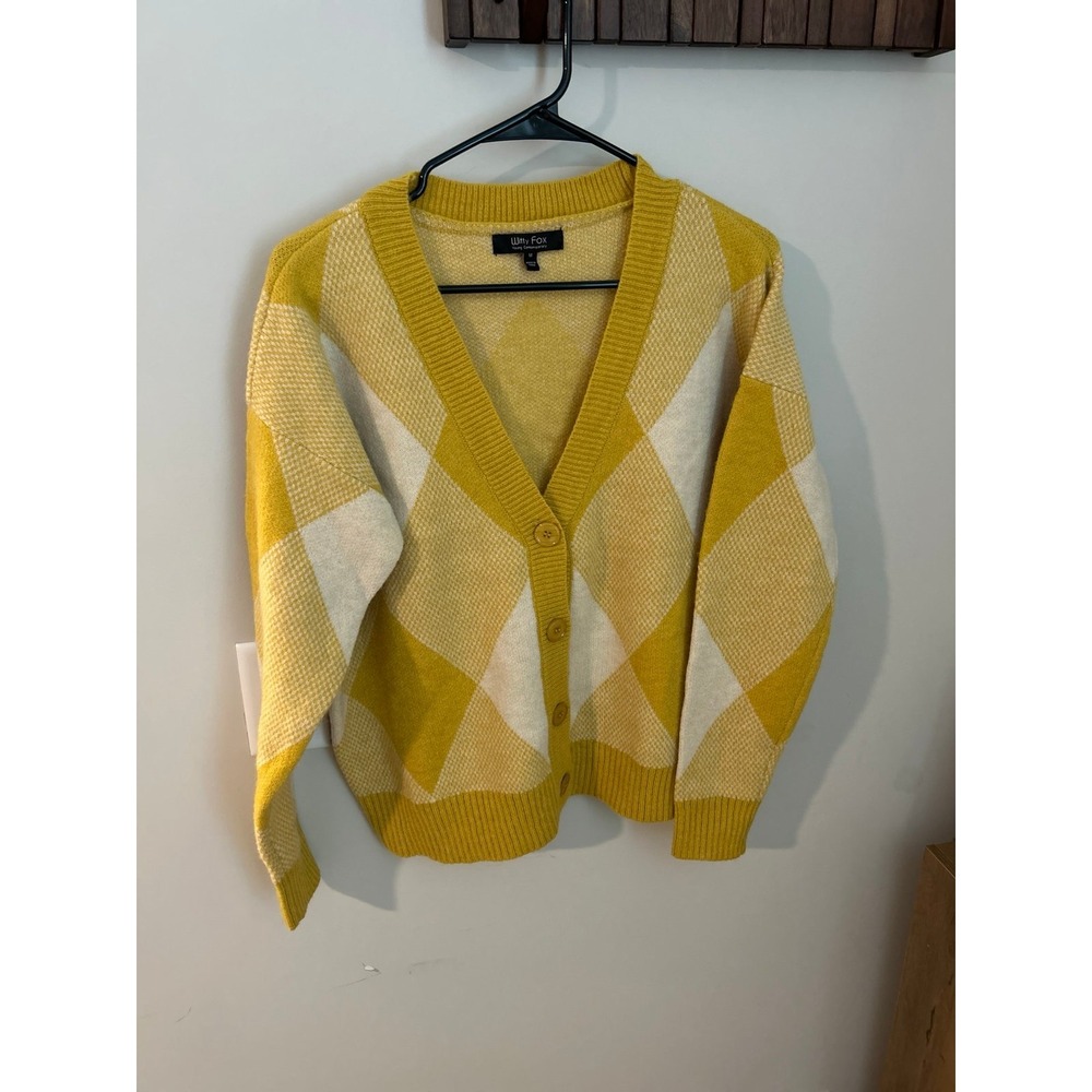 Witty Fox Argyle Button Cardigan Sweater Yellow and White Size M